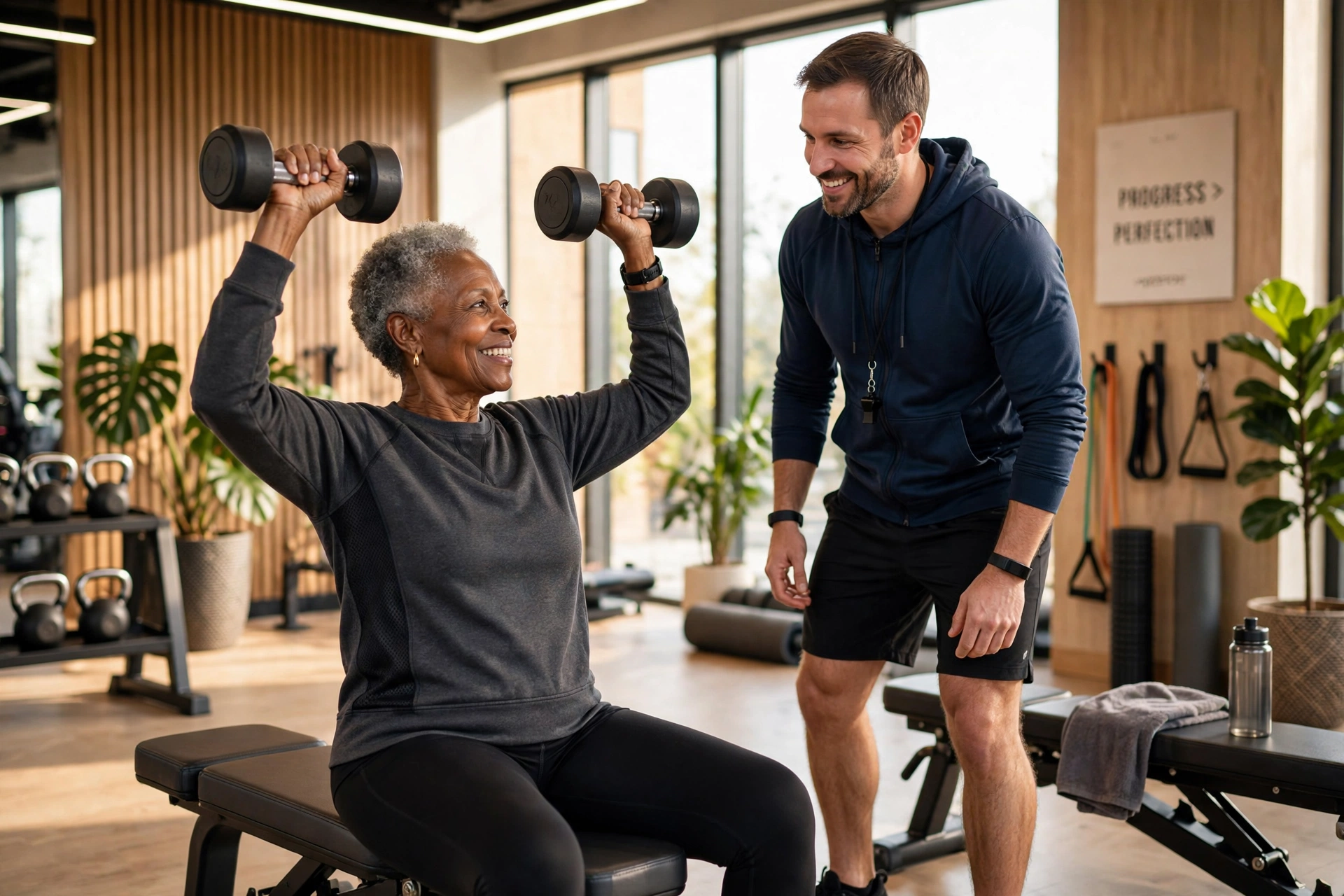 Senior woman strength training with her coach