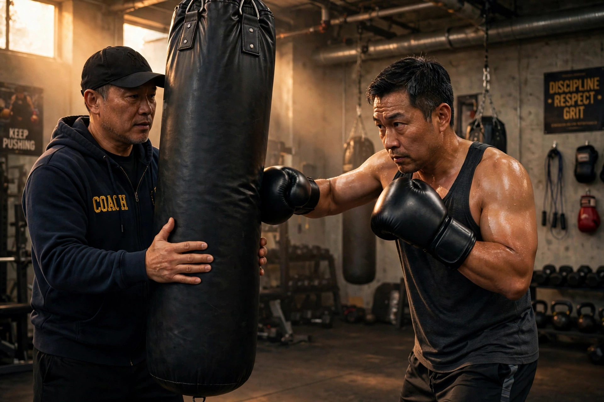 Man training on the heavy bag with his boxing coach