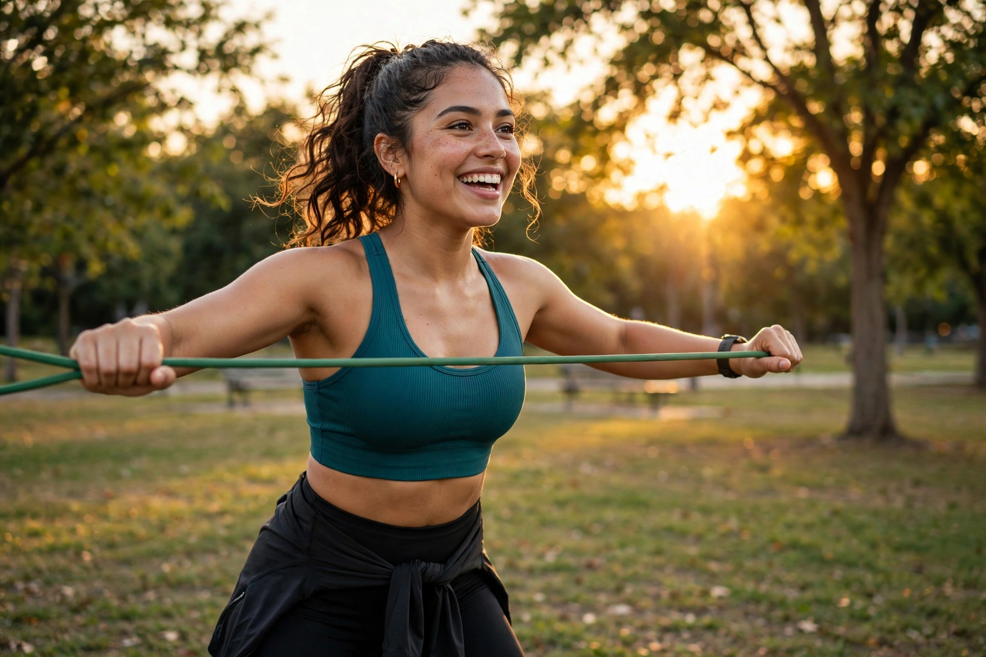 Woman doing resistance band training outdoors